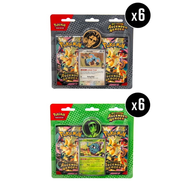 Pokémon TCG : Méga-Évolution - Héros Ascendants Ensemble de 2 Blisters 12 Ct avec Deux Paquets Blisters Contenant Chacun Deux Paquets booster de l'Extension Méga-Évolution Héros Ascendants, Cartes promo en Feuille Exclusives Mettant en Vedette le Komala de Larry et le Tangela d'Erika, et Pièces Métalliques avec portraits de Leader de Gym, Emballées en Cartes Blisters à Thème Rouge et Vert avec six Lots Chacun.