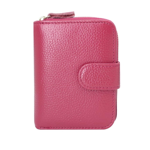 Credit Card Case RFID Protection Card Holder Wallet for women, crafted from genuine leather in a pink finish. Includes 12 card slots, 4 ID windows, 2 compartments for coins or folded cash, and a durable zipper closure. Compact dimensions of 11.7 x 9 x 3.5 cm, perfect for travel or everyday use. Equipped with RFID blocking technology to safeguard against unauthorized scans.