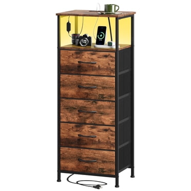 Eunos Commode pour Chambre, Table de Nuit à 5 Tiroirs avec Station de Recharge, DEL et Tablette Ouverte, Fini Grain de Bois