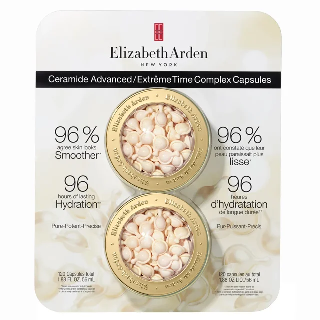 Elizabeth Arden Ceramide Advanced Time Complex Capsules, featuring 120 capsules in two gold containers. The packaging highlights benefits such as 96% smoother skin and 96 hours of lasting hydration. Designed for face, neck, and décolletage, these capsules contain a lightweight, silky serum that supports skin's natural collagen, reduces fine lines, and improves skin tone and clarity.
