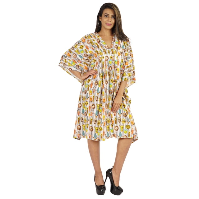 Moomaya Caftan Court pour Femmes, Robe de Nuit de Couverture, Robe Caftan, Manches Kimono, Tenue de Plage