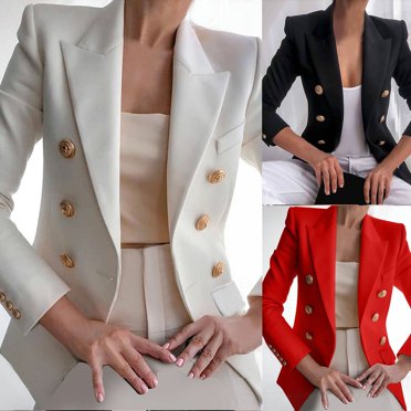 DDAPJ pyju Blazer Vintage à Double Boutonnage pour Femme, Bouton Doré, Manches Longues, Blazer de Travail/bureau, Revers Cranté, Ouvert à l'Avant, Vestes de Complet avec Poches, Liquidation, Rouge, M