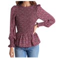 thumbnail image 1 of IROINID Liquidation T-Shirts à Manches Longues pour Femmes Col Rond Imprimé Floral Taille Élastique Manches Évasées Plissées Dentelle Manches Longues, Rouge, 1 of 9
