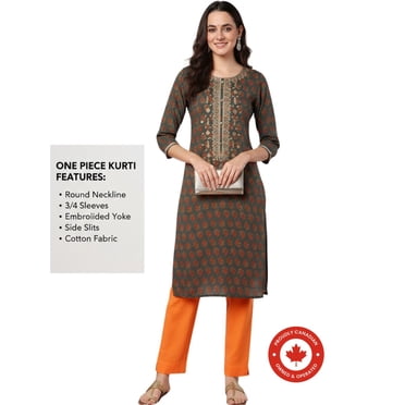 Dweep Sara Women’s Olive Floral Embroidered Straight Kurta XL/42 Cotton Blend Ethnic Tunic Top with 3/4 Sleeves Round Neck