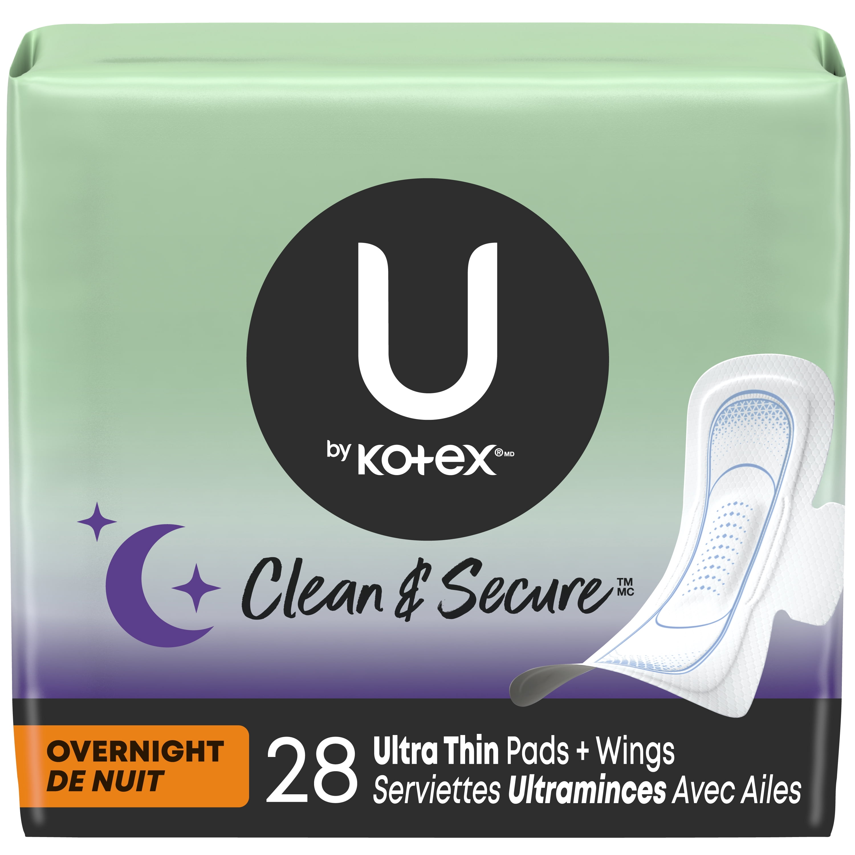 U by Kotex Clean & Secure Serviettes Ultraminces de Nuit avec Ailes