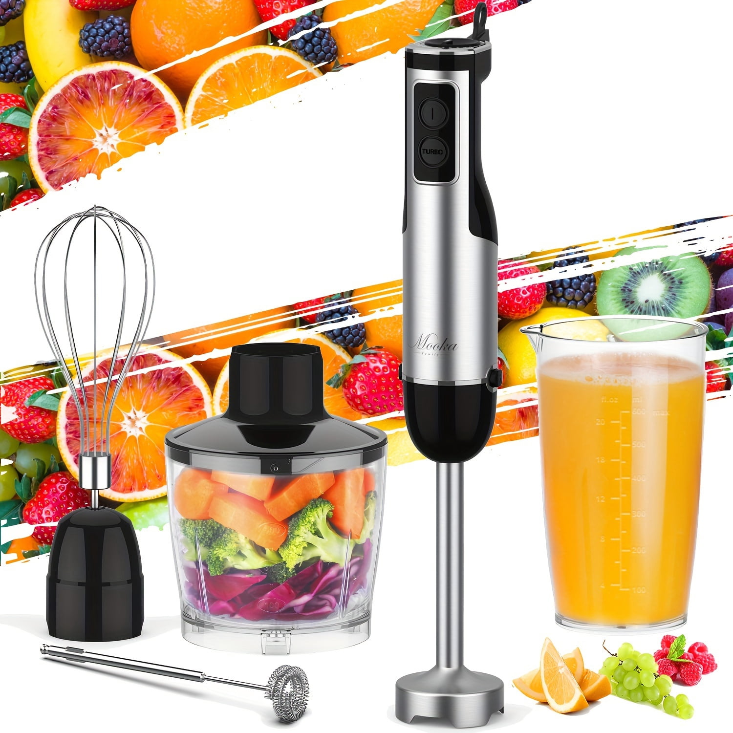 Immersion Blender 1100W  5-in-1 Multi-Purpose Handheld Blender  12-Speed Stick Blender  20.29oz Beaker  16.91oz Chopper  Egg Whisk  Milk Frother  Black