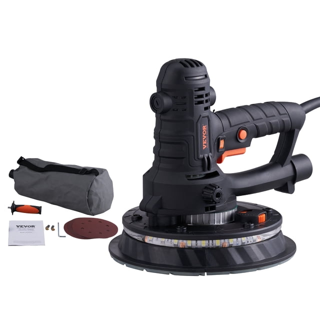 VEVOR Drywall Sander, 800W Electric Sander with 12 Sanding Discs, Variable Speed 1200-2300 RPM Wall Sander with Automatic Vacuum Dust Collection System front-facing handheld sander with 180 mm round pad, double-layer LED strip, lock-on switch, vacuum controller and 4 m cord; includes auxiliary rubber handle, dust hose and sandpaper; suitable for drywall finishing and light wood smoothing.