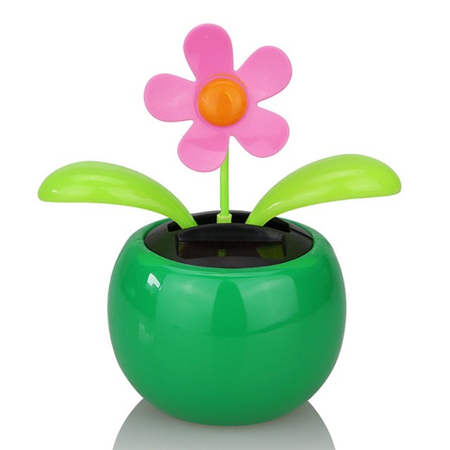 Solar Powered Dancing Flower Plastic Solar Dancing Flowers, shown as a single unit with a pink flower and green leaves in a green pot. Made of ABS resin, it measures approximately 12x7cm and weighs about 56g per piece. Powered by solar energy, the flower and leaves move automatically, making it suitable for decoration in cars, offices, or home spaces. Part of a set of 4 with random color delivery.