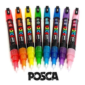 POSCA Colouring - PC-3ML Gamme complète 8 Marqueurs de peinture à paillettes - dans la boîte cadeau