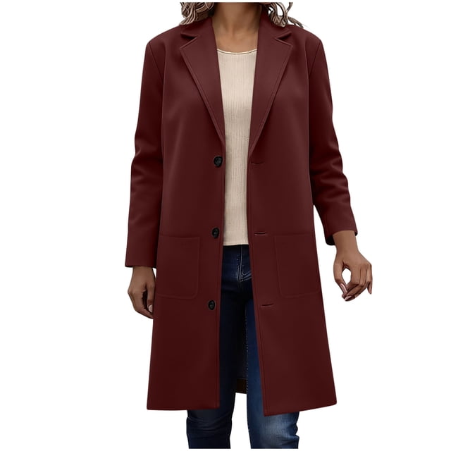 WRKEKC Coats for Women Long Sleeve Solid Color Button Multi Pocket Wool Blend Long Jacket Top for Daily Appeal and Functional Design
