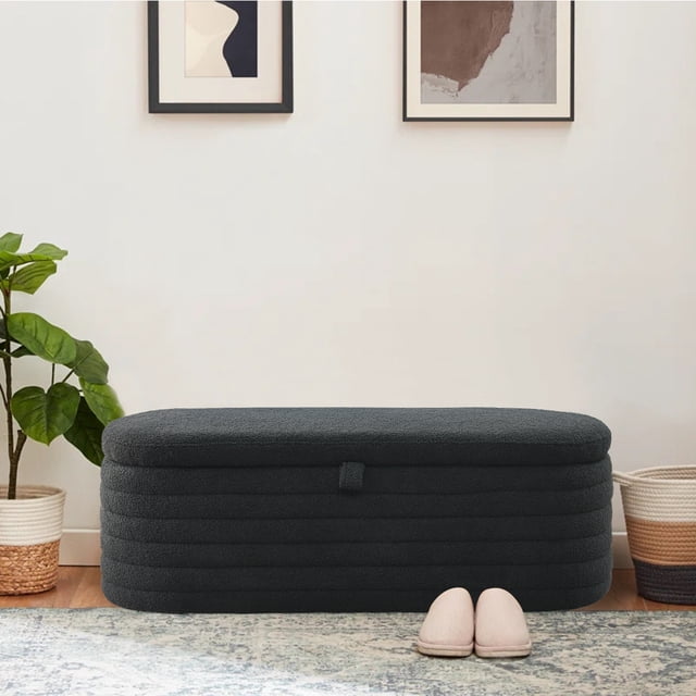 KOSSMAI Oval Upholstered Tufted Strip Storage Bench Ottoman 45.5" For Living Room Bed Room Entry Black