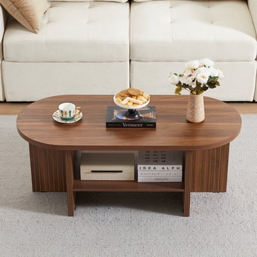 Wirrytor Table Basse Ovale de 43,3”, Tables Basses Style Ferme pour Salon Petites, Table Basse Cannelée avec Tablette de Rangement Ouverte, Table Centrale en Bois pour Table Basse à 2 Niveaux, Noyer