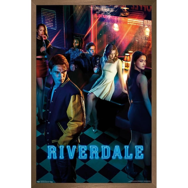 Riverdale - Key Art Wall Poster, 22.375" x 34" depicting six young adults in a retro diner with black and white checkered floor, neon blue 'RIVERDALE' text at the bottom, warm lamp lighting, and a smoky, atmospheric background creating a moody ambiance.