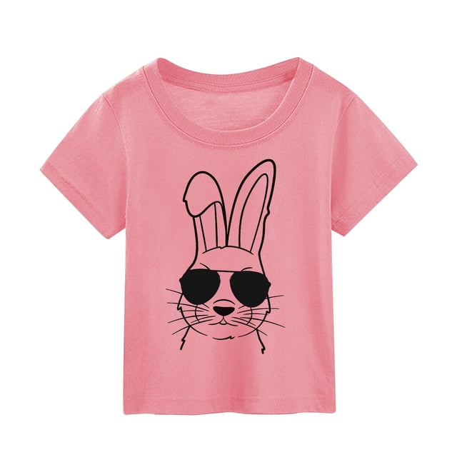 PMVFHDE T-Shirt Imprimé Lapin de Pâques pour Filles - Mignon Col Rond Manches Courtes pour Printemps Vacances, Fête de Pâques & Tenues Décontractées (Doux & Confortable) Rose, 3-4 Ans