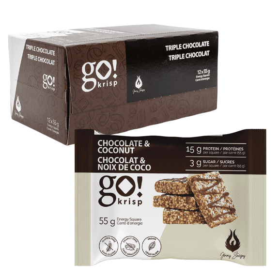 Jimmy Sevigny GoKrisp Barres Croustillantes Chocolat Noix de Coco Faible en Sucre Collation Sucrée Santé Fabriqué au Québec Lot de 12 x 55 g
