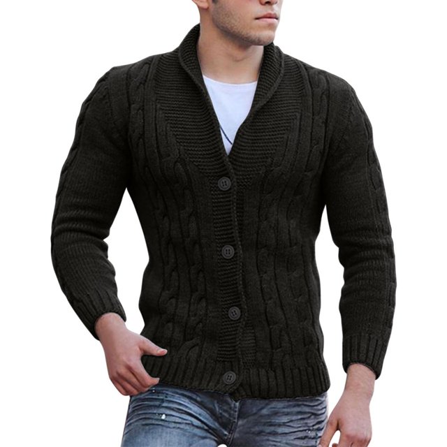 Mens Cable Knit Cardigan Sweater Shawl Collar Loose Fit Long Sleeve Casual Cardigans