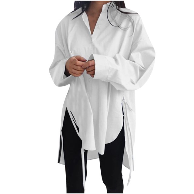 Birdeem Chemise Ajustée Ample pour Femme, Courte, devant, Dos Long, à Lacets, Manches Longues, Col en V, Haut/chemise