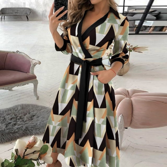 Pisexur Robe Maxi à Manches Longues pour Femmes, Style Bohème, en Mousseline Imprimée, Col à Revers, Longue Robe Ample, Robes de Printemps