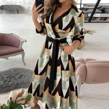 Pisexur Robe Maxi à Manches Longues pour Femmes, Style Bohème, en Mousseline Imprimée, Col à Revers, Longue Robe Ample, Robes de Printemps