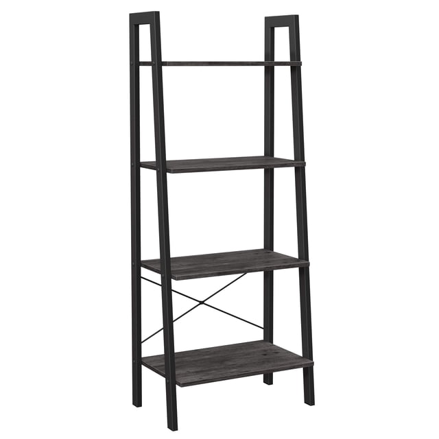 VASAGLE Ladder Shelf, 4-Tier Bookshelf, Storage Rack, Bookcase with Steel Frame, for Living Room, Home Office, Kitchen, Bedroom, Industrial Style, Charcoal Gray and Black ULLS044B04, 12.6"D x 22"W x 54.1"H, front-facing 4-tier ladder shelf with Charcoal Gray particleboard shelves and black steel frame, X-bar back braces and adjustable feet; suitable for books, plants or folded towels.