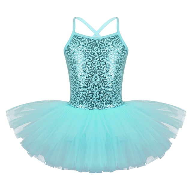 Ocealan Justaucorps de Danse Ballet à Paillettes pour Filles, Bretelles Spaghetti, Dos Croisé, Turquoise 4TG
