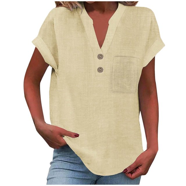 T-Shirts Femmes Plus Mode Décontractée Col en V Boutonné Manches Courtes avec Poches - Hontri