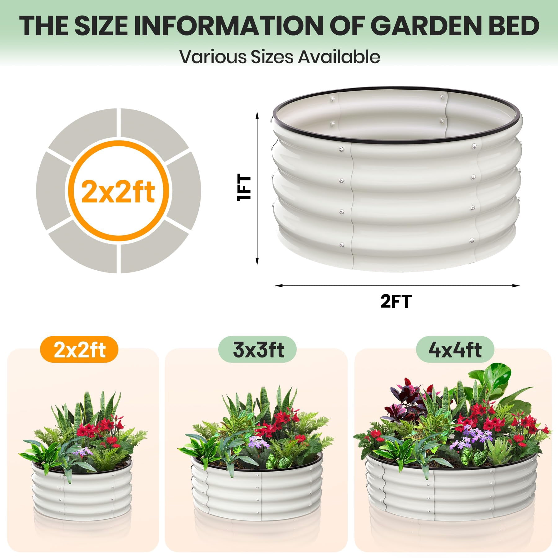 GloryStar 2 - Pack Round Galvanized Raised Garden Bed - 2FT/3FT/4FT Sizes - Outdoor Flower & Vegetable Bed - Heavy - Duty & Open - Bottom Design