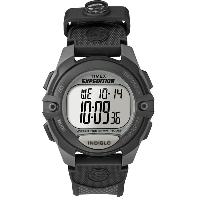 Timex® Expedition® Men's Digital Watch front-facing resin-cased digital outdoor watch with resin strap and clear LCD; features 100-hour chronograph with lap/split and 99-lap counter, 24-hour countdown timer, three alarms, INDIGLO® night-light with Night-Mode, two time zones and water-resistance to 100 metres. Often used as a compact activity timer for hiking or interval training.