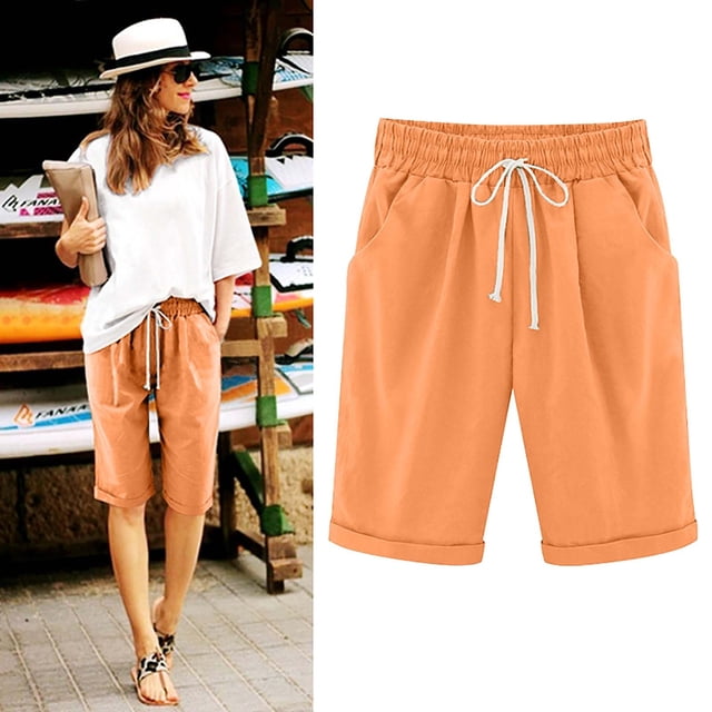 EGNMCR Womens Shorts Summer Plus Size Solid Five Points Large Size Cotton Linen Drawstring Shorts with Pockets Casual Pants
