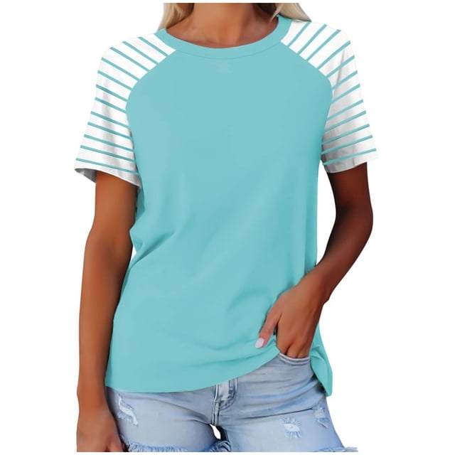 Timegard Hauts pour Femmes à Rayures Manches Courtes Col Rond Confortable Décontracté Ample Haut Blouse T-Shirts Basiques