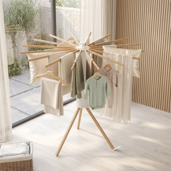 LEDREM Cheval à Vêtements Pliant, Support Extensible, Gain de Place, Rotatif, Balcon Buanderie, Bras en Bois, Couleur Naturelle