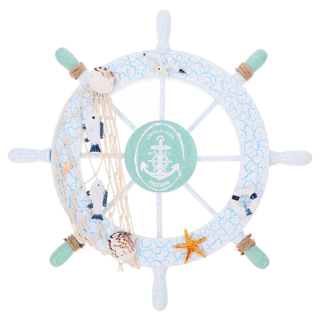 MLINS Nautical Beach Wooden Boat Ship Steering Wheel Fishing Net Shell Home Wall Decor (Swim ring)