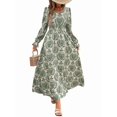 thumbnail image 2 of Robe Maxi Évasée à Imprimé Floral pour Femme, Col en V, Manches Longues, Décontractée, Portefeuille, Automne, Plage, Évasée, Vert, G, 2 of 9