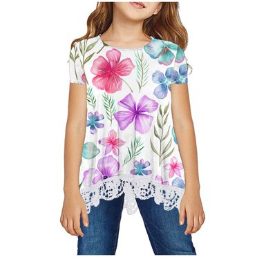 LSLJS Chemise Fille Col Ras du Cou Superposée Imprimée Manches Courtes Mignonne Blouse Enfant T-Shirt en Dentelle Haut, Chemises Fille Vêtements d'Été