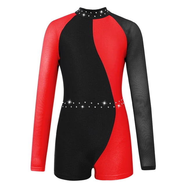 Venjoe Tenue de Danse pour Fillette, Justaucorps à Manches Longues, Gymnaste, Unitard, Léotard avec Short, Ensemble une Pièce, Justaucorps, Combinaison, Rouge 8