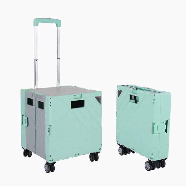 Foldable Shopping Trolley, Plastic Folding Storage Cart Handcart with 360° rotate wheels and telescoping handle. Features a mint green polypropylene case with ABS lid, adjustable handle, and noiseless rubber wheels. Ideal for portable storage, groceries, and travel. Shown in both unfolded and folded states.