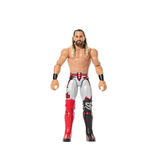 WWE Figurine Articulée Seth Rollins, Série Main Event No 163, Collection de 6 Pouces avec 14 points d'Articulation, Comprenant des Collants de Lutte Blancs avec accents Rouges et Noirs, red left boot, black right boot, Bracelets Noirs et Longs Cheveux Blonds, Posée Face vers l'Avant sur Fond Blanc, Idéale pour Recréer des Matchs WWE Ou pour Exposer.