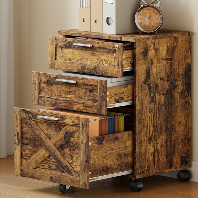 BeesClover File Cabinet with Lock, Mobile Wood Filing Cabinet for Home Office, Under Desk Storage Organizer with Wheels