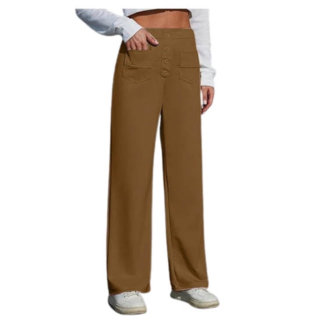 WEIYLL Pants for Women Work Straight Wide Leg Button Down High Elastic Waisted Pockets Khaki Pant size L