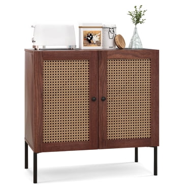 Costway Rattan Buffet Sideboard Wine Cabinet Cupboard w/ Adjustable Shelf Walnut