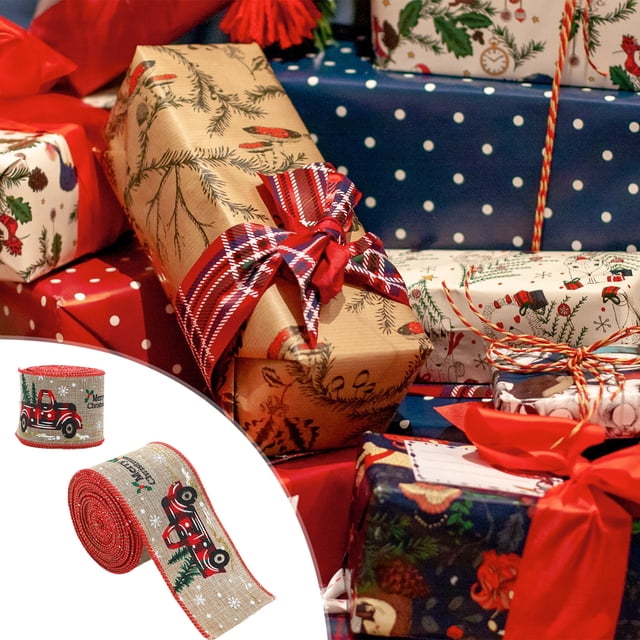 Vaidha Christmas Wired Ribbon Snowman Santa Claus Xmas Tree Truck Ribbon Plaids Xmas Decorative Gift Wrapping Ribbon For DIY Crafts Wreath Bow