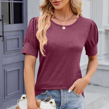 asjyhkr T-Shirts d'Été pour Femmes à Manches Courtes Mode Col Rond Coupe Ample T-Shirts Décontractés Unis Basiques