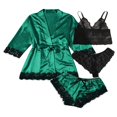 thumbnail image 3 of Women 4pcs Silk Satin Pajama Set Lace Trim Top Drawstring Shorts Belted Pajamas Outfit with Robe, 3 of 5