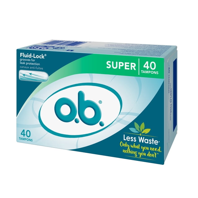 o.b. Originale Boîte de Tampons Non Applicateurs à Super Absorption avec 40 Tampons, Dotée de Rainures à Verrouillage Fluide pour la protection contre les Fuites et d'Une Conception Écoresponsable Qui Réduit le Gaspillage, Offrant une Absorption Fiable pour les Soins Féminins avec un impact minimal sur l'Environnement.