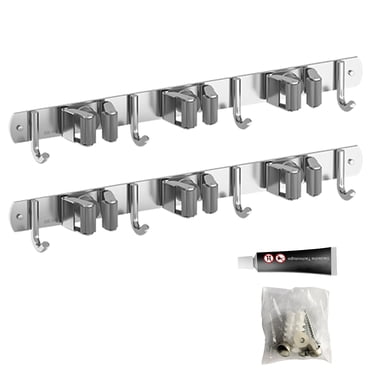 Mistaha 2 Pcs Porte-Balai Mural en Acier Inoxydable Porte-Balai Robuste pour Buanderie Jardin Garage Salle de Bain (3 Racks 4 Crochets)
