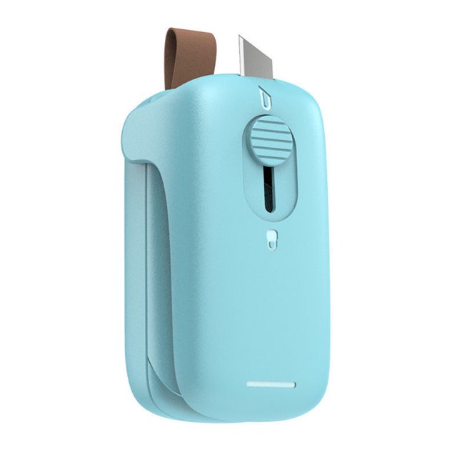 Zootealy Mini Bag Sealer Handheld Heat Sealers 2 in 1 Heat Sealer and Cutter with a green ABS body. Compact and portable, it features a sliding mechanism for sealing and cutting plastic bags, a magnetic base for metal surface attachment, and a lanyard for hanging. Battery-operated, ideal for food storage, freshness preservation, and vacuum sealer accessories.