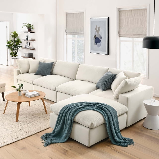 Modway Commix 5 Piece Down Filled Overstuffed Sectional Sofa Set in Light Beige