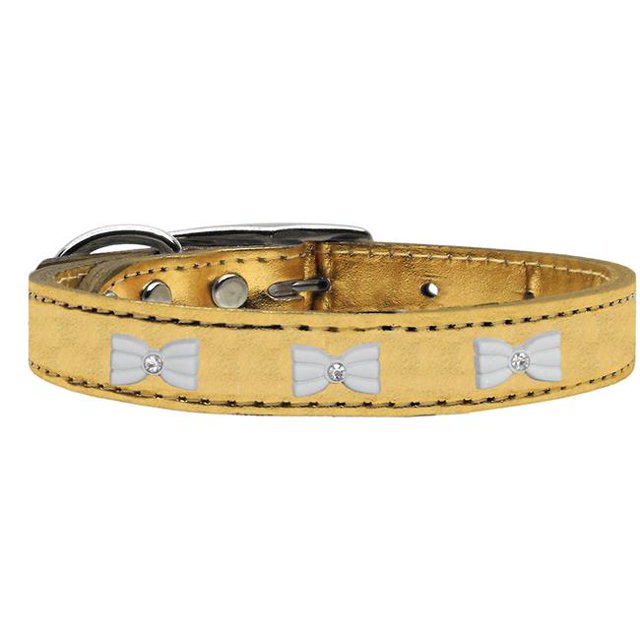 White Bow Widget Genuine Metallic Leather Dog Collar Gold 20