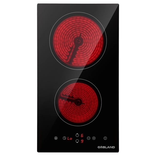 12" Electric Cooktop, GASLAND Chef CH30BF 240V Ceramic Cooktop with a black vitro ceramic glass surface and two radiant burners. The top burner is 1800W and the bottom burner is 1200W, glowing red with coil patterns. Sensor touch controls with a digital display are located at the bottom, offering 9 power levels, overheating protection, and a child safety lock. Ideal for built-in installation in modern kitchens.