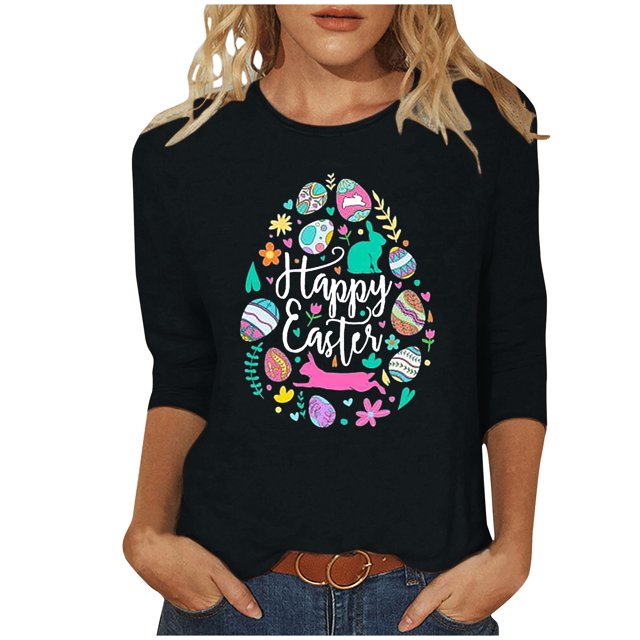 RKSTN Hauts Grande Taille pour Femmes Œufs de Pâques Mignon Lapin Imprimé Coupe Ample Col Rond Manches 3/4 Printemps Été Blouse Douce